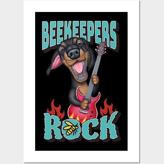 Cute funny Beekeepers Rock with dachshund doxie dog with guitar tee Wall Art by Danny Gordon Art